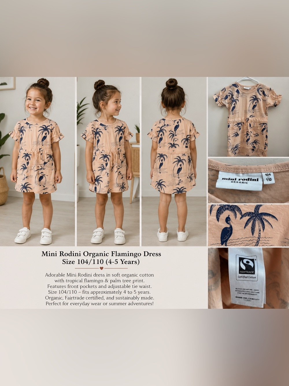 Mini Rodini Organic Cotton Flamingo Palm Tree Dress Size 104/110 4-5Y